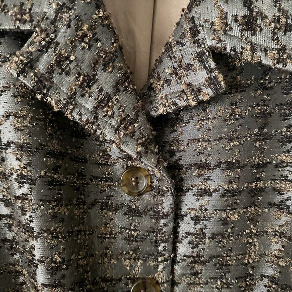 Chico’s Size 2 Olive Green Metallic Gold Tweed Button Blazer women’s size large - Picture 3 of 14